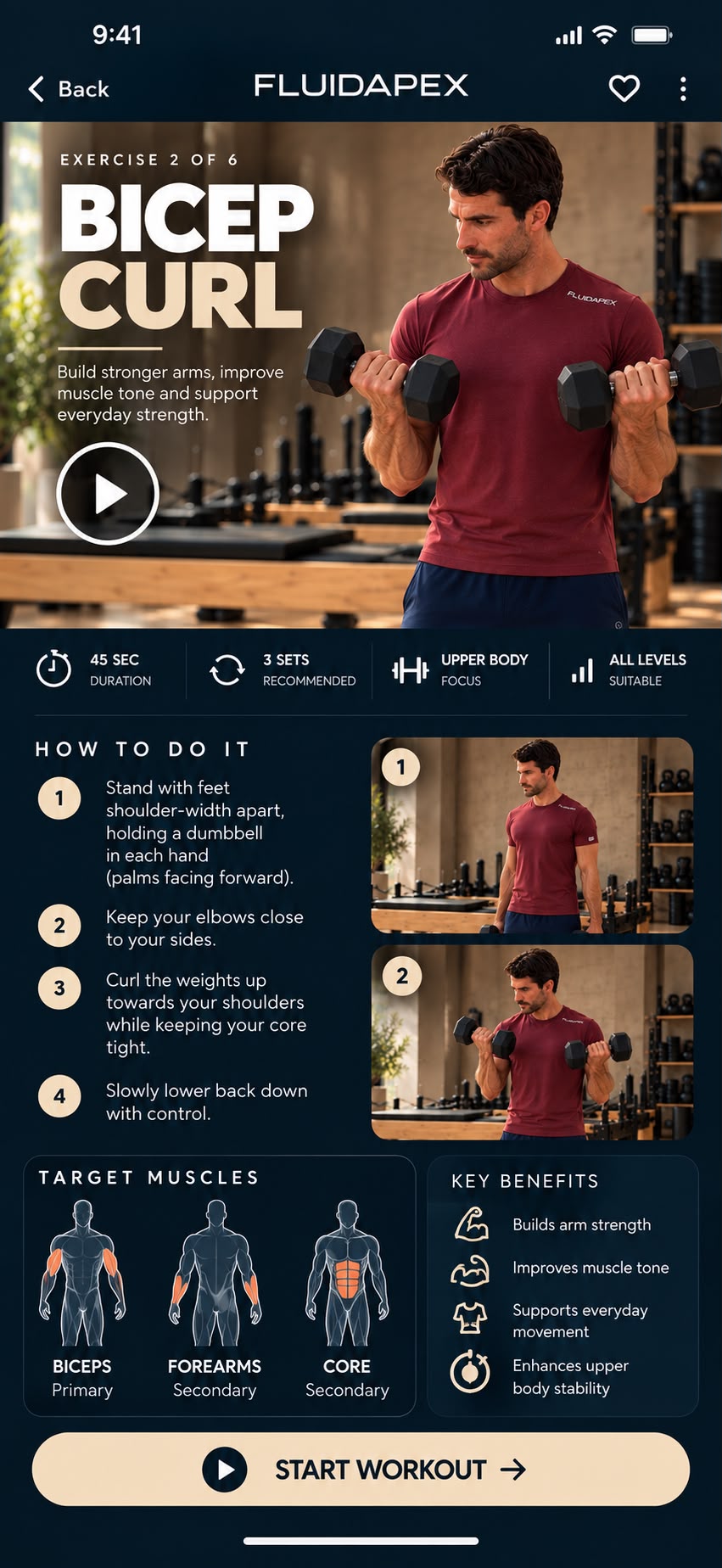 Fluid Apex app — Bicep Curl screen